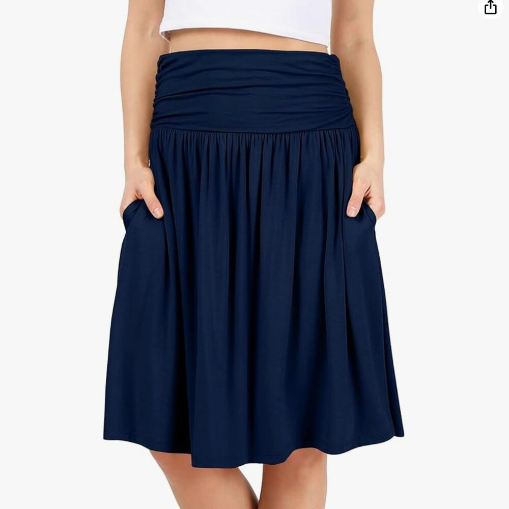 Women's Navy Fold-Over Waist A-Line Skirt with Pockets